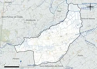Carte en couleur présentant le réseau hydrographique de la commune