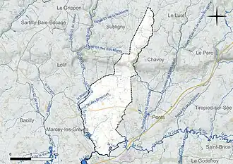 Carte en couleur présentant le réseau hydrographique de la commune