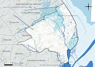 Carte en couleur présentant le réseau hydrographique de la commune
