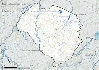 Carte en couleur présentant le réseau hydrographique de la commune