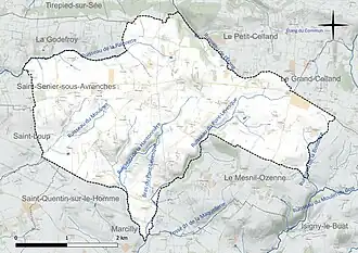 Carte en couleur présentant le réseau hydrographique de la commune