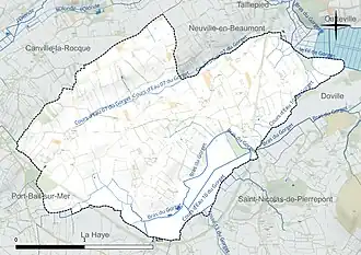 Carte en couleur présentant le réseau hydrographique de la commune