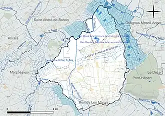 Carte en couleur présentant le réseau hydrographique de la commune