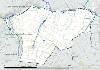 Carte en couleur présentant le réseau hydrographique de la commune