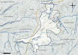 Carte en couleur présentant le réseau hydrographique de la commune