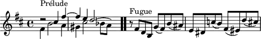 
\version "2.18.2"
\header {
  tagline = ##f
}

\score {
  \new Staff \with {
%fontSize = #-2
  }
<<
  \relative c'' {
    \key b \minor
    \time 4/4

     %% INCIPIT CBT I-24, BWV 869, si mineur 
     << { d2\rest^\markup{Prélude} cis4 fis~ \once \override Staff.TimeSignature #'stencil = ##f \time 9/8 fis e d2~ \hideNotes d8 } \\ { fis,4 b2 a4 gis cis2 bes8[ a] } >> \bar ".."

      \once \override Staff.TimeSignature #'stencil = ##f \time 4/4
      r8^\markup{Fugue} fis8 d b g'( fis) b( ais) | e dis c'( b) fis( eis) d'( cis)
  }
>>
  \layout {
     \context { \Score \remove "Metronome_mark_engraver" 
     \override SpacingSpanner.common-shortest-duration = #(ly:make-moment 1/2)
}
  }
  \midi {}
}
