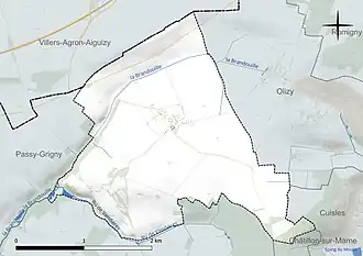 Carte en couleur présentant le réseau hydrographique de la commune