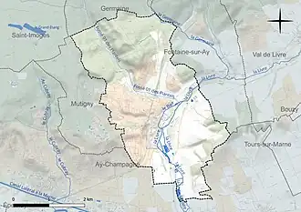 Carte en couleur présentant le réseau hydrographique de la commune