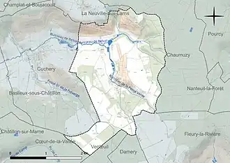 Carte en couleur présentant le réseau hydrographique de la commune
