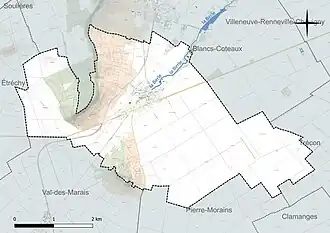 Carte en couleur présentant le réseau hydrographique de la commune