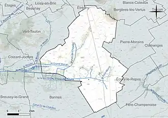 Carte en couleur présentant le réseau hydrographique de la commune