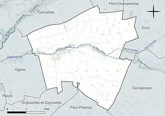 Carte en couleur présentant le réseau hydrographique de la commune