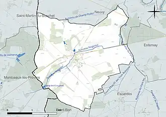 Carte en couleur présentant le réseau hydrographique de la commune