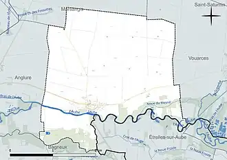 Carte en couleur présentant le réseau hydrographique de la commune