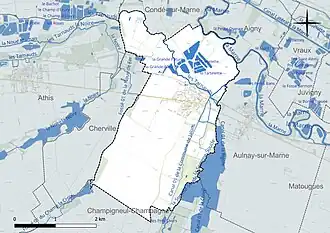 Carte en couleur présentant le réseau hydrographique de la commune