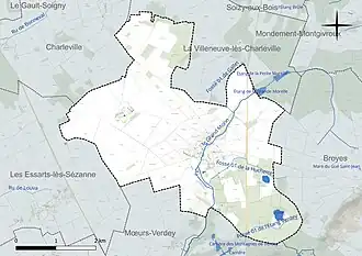 Carte en couleur présentant le réseau hydrographique de la commune