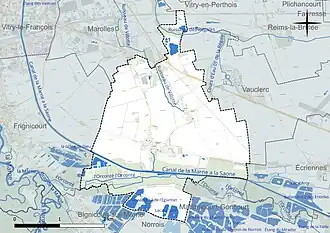 Carte en couleur présentant le réseau hydrographique de la commune