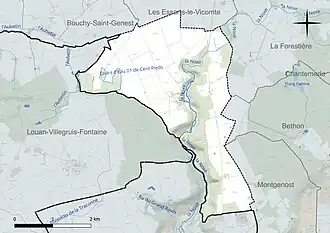 Carte en couleur présentant le réseau hydrographique de la commune