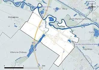 Carte en couleur présentant le réseau hydrographique de la commune