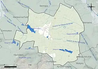 Carte en couleur présentant le réseau hydrographique de la commune