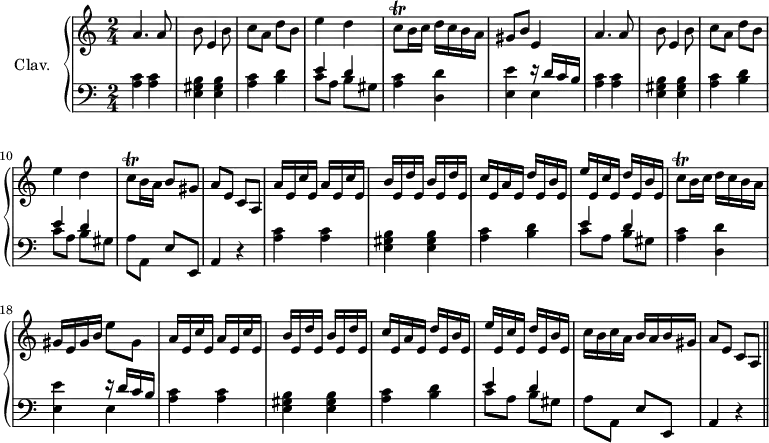 \version "2.18.2"
\header {
tagline = ##f
% composer = "Domenico Scarlatti"
% opus = "K. 61"
% meter = ""
}
%% les petites notes
trillCq = { \tag #'print { c8\trill } \tag #'midi { d32 c d c } }
trillCqUp = { \tag #'print { c'8\trill } \tag #'midi { d32 c d c } }
upper = \relative c'' {
\clef treble
\key a \minor
\time 2/4
\tempo 4 = 88
\set Staff.midiInstrument = #"harpsichord"
\override TupletBracket.bracket-visibility = ##f
%s8*0^\markup{Allegro}
a4. a8 | b8 e,4 b'8 | c a d b | e4 d | \trillCq b16 c d c b a |
% ms. 6
gis8 b e,4 | a4. a8 | b8 e,4 b'8 | c a d b | e4 d |
% ms. 11
\trillCq b16 a b8 gis | a e c a |
% ms. 13
\repeat unfold 2 { a'16 e c' e, } | \repeat unfold 2 { b'16 e, d' e, } | c'16 e, a e d' e, b' e, | e' e, c' e, d' e, b' e, |
% ms. 17
\trillCqUp b16 c d c b a | gis e gis b e8 gis, |
% ms. 19
\repeat unfold 2 { a16 e c' e, } | \repeat unfold 2 { b'16 e, d' e, } | c'16 e, a e d' e, b' e, | e' e, c' e, d' e, b' e, |
% ms. 23
c'16 b c a b a b gis | a8 e c a \bar "||"
}
lower = \relative c' {
\clef bass
\key a \minor
\time 2/4
\set Staff.midiInstrument = #"harpsichord"
\override TupletBracket.bracket-visibility = ##f
% ************************************** \appoggiatura a16 \repeat unfold 2 { } \times 2/3 { } \omit TupletNumber
< a c >4 q | < e gis b > q | < a c >4 < b d > | << { e4 d } \\ { c8 a b gis } >> | < a c >4 < d, d' > |
% ms. 6
< e e' >4 << { r16 d'16 c b } \\ { e,4 } >> | < a c >4 q | < e gis b > q | < a c >4 < b d > | << { e4 d } \\ { c8 a b gis } >> |
% ms. 11
a8 a, e' e, | a4 r4 | < a' c >4 q | < e gis b > q | < a c >4 < b d > |
% ms. 16
<< { e4 d } \\ { c8 a b gis } >> | < a c >4 < d, d' > | < e e' > << { r16 d'16 c b } \\ { e,4 } >> | < a c >4 q | < e gis b > q |
% ms. 21
< a c >4 < b d > | << { e4 d } \\ { c8 a b gis } >> | a8 a, e' e, | a4 r4 |
}
thePianoStaff = \new PianoStaff <<
\set PianoStaff.instrumentName = #"Clav."
\new Staff = "upper" \upper
\new Staff = "lower" \lower
>>
\score {
\keepWithTag #'print \thePianoStaff
\layout {
#(layout-set-staff-size 17)
\context {
\Score
\override SpacingSpanner.common-shortest-duration = #(ly:make-moment 1/2)
\remove "Metronome_mark_engraver"
}
}
}
\score {
\keepWithTag #'midi \thePianoStaff
\midi { }
}