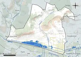 Carte en couleur présentant le réseau hydrographique de la commune