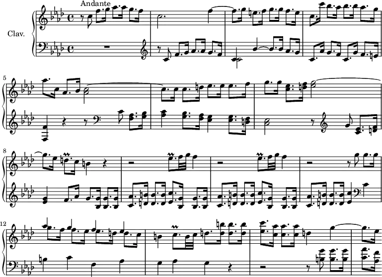 \version "2.18.2"
\header {
tagline = ##f
}
%% les petites notes
trillDqp = { \tag #'print { d8.\prall } \tag #'midi { ees32 d ees d~ d16 } }
trillEesqp = { \tag #'print { ees8.\prall } \tag #'midi { f32 ees f ees~ ees16 } }
trillCqp = { \tag #'print { c8.\prall } \tag #'midi { d32 c d c~ c16 } }
upper = \relative c'' {
\clef treble
\key f \minor
\time 4/4
\tempo 4 = 78
\set Staff.midiInstrument = #"harpsichord"
s8*0^\markup{Andante}
r8 c8 f8. g16 aes8. aes16 g8. f16 | c2. f4~ |
% ms. 3
f8. g16 e8. f16 g8. g16 f8. e16 | c8. c'16 bes8. aes16 bes8. bes16 aes8. g16 | aes8. c,16 aes8. bes16 < aes c >2~
% ms. 6
c8. c16 c8. d16 ees8. ees16 ees8. f16 | g8. g16 < c, ees >8. < d f >16 < ees g >2~ | g8. ees16 \trillDqp c16 b4 r4 |
% ms. 9
\repeat unfold 2 { r2 \trillEesqp f32 g f4 } | r2 r8 g8 g8. g16 |
% ms. 12
<< { aes4 g f ees } \\ { g8. f16 f8. ees16 ees8. d16 d8. c16 } >> | b4 \trillCqp b32 c d8. < d b' >16 q8. q16 | < ees c' >8. < c aes' >16 q8. q16 d4 g4~ |
% m. 15
g8. ees16
}
lower = \relative c' {
\clef bass
\key f \minor
\time 4/4
\set Staff.midiInstrument = #"harpsichord"
% **************************************
R1 | \clef treble r8 c8 f8. g16 aes8. aes16 g8. f16
% ms. 3
<< { c4 bes'4~ bes8. bes16 aes8. g16 } \\ { c,2 } >> c8. aes'16 g8. f16 c8. g'16 f8. e16 | < f, f' >4 r4 r8 \clef bass c'8 < f, aes >8. < g bes >16 |
% ms. 6
< aes c >4 < g bes >8. < f aes >16 < ees g >4 q8. < d f >16 | < c ees >2 r8 \clef treble g''8 < c, ees >8. < d f >16 | < ees g >4 f8. aes16 g8. < bes, g' >16 q8. q16 |
% ms. 9
\repeat unfold 2 { < c aes' >8. < d b' >16 q8. q16 < ees c' >8. < bes g' >16 q8. q16 } | < c aes' >8. < d b' >16 q8. q16 < ees c' >4 \clef bass c4 |
% ms. 12
b4 c f, aes | g aes g r4 |
% ms. 15
r2 r8 < b g' >8 q8. q16 < c aes' >8. < aes f' >16 % Poursuivre les 5 mesures pour finir la section
}
thePianoStaff = \new PianoStaff <<
\set PianoStaff.instrumentName = #"Clav."
\new Staff = "upper" \upper
\new Staff = "lower" \lower
>>
\score {
\keepWithTag #'print \thePianoStaff
\layout {
#(layout-set-staff-size 17)
\context {
\Score
\override SpacingSpanner.common-shortest-duration = #(ly:make-moment 1/2)
\remove "Metronome_mark_engraver"
}
}
}
\score {
\keepWithTag #'midi \thePianoStaff
\midi { }
}