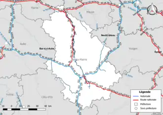 Carte du réseau routier national (autoroutes et routes nationales) dans le département de la Haute-Marne