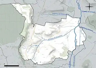 Carte en couleur présentant le réseau hydrographique de la commune