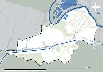 Carte en couleur présentant le réseau hydrographique de la commune