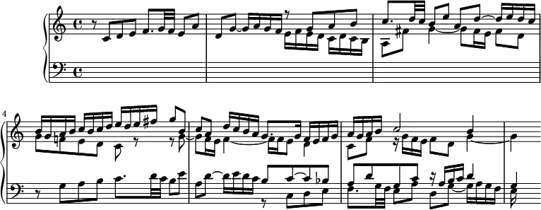 
\version "2.14.2"
\header {
  tagline = ##f
}
sujet = { r8 c8 d e f8. g32 f e8 a | d, g~ g16 a g f }
reponse = { r8 g8 a b | c8. d32 c b8 e a, d~ d16 e d c }

upper = \relative c' {
  \clef treble 
  \key c \major
  \time 4/4
  \tempo 4 = 62
  %\autoBeamOff

    \sujet 
    << { \reponse b16 g a b c b c d e d e fis g8 b, c a d16 c b a g8. g16 f e f g a g a b c2 b4 } \\ { e,16 f e d c d c b | a8 fis' g4~ g8 fis16 e fis8 d | g f! e d c r8 r8 g'8~ g f16 e f4~ f16 f e8 d4 | c8 f r16 g16 f e f8 d g4~ g} >>

}

lower = \relative c {
  \clef bass
  \key c \major
  \time 4/4

    s1*3
    \relative c' \reponse
    << { b'8 c~ c bes a d g, c r16 a b c d4 g, } \\ { \relative c \sujet e16 } >>

}

\score {
  \new PianoStaff <<
    % \set PianoStaff.instrumentName = #""
    \new Staff = "upper" \upper
    \new Staff = "lower" \lower
  >>
  \layout {
    \context {
      \Score
      \remove "Metronome_mark_engraver"
      \override SpacingSpanner.common-shortest-duration = #(ly:make-moment 1/3)
    }
  }
  \midi { }
}
