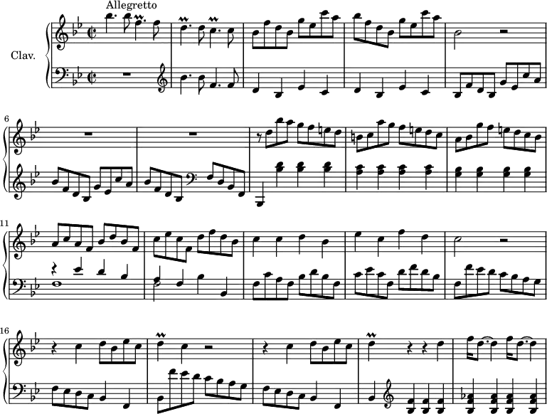 \version "2.18.2"
\header {
tagline = ##f
}
%% les petites notes
trillFp = { \tag #'print { f4.\prall } \tag #'midi { g32 f g f~ f4 } }
trillDp = { \tag #'print { d4.\prall } \tag #'midi { ees32 d ees d~ d4 } }
trillCp = { \tag #'print { c4.\prall } \tag #'midi { d32 c d c~ c4 } }
trillD = { \tag #'print { d4\prall } \tag #'midi { ees32 d ees d~ d8 } }
% \times 2/3 {
upper = \relative c'' {
\clef treble
\key bes \major
\time 2/2
\tempo 2 = 76
\set Staff.midiInstrument = #"harpsichord"
s8*0^\markup{Allegretto}
bes'4. bes8 \trillFp f8 | \trillDp d8 \trillCp c8 | bes8 f' d bes g' ees c' a | bes f d bes g' ees c' a |
% ms. 5
bes,2 r2 | R1*2 | r8 d8 bes' a g f e d |
% ms. 9
b8 c a' g f e d c | a bes g' f e d c bes | a c a f bes d bes f | c' ees c f, d' f d bes |
% ms. 13
c4 c d bes | ees c f d | c2 r2 | r4 c4 d8 bes ees c |
% ms. 17
\trillD c4 r2 | r4 c4 d8 bes ees c | \trillD r4 r4 d4 | \repeat unfold 2 { f16 d8.~ d4 }
}
lower = \relative c' {
\clef bass
\key bes \major
\time 2/2
\set Staff.midiInstrument = #"harpsichord"
% **************************************
R1 | \clef treble bes'4. bes8 f4. f8 | \repeat unfold 2 { d4 bes ees c } | bes8 f' d bes g' ees c' a | bes f d bes g' ees c' a | bes f d bes \clef bass f d bes f | bes,4 < bes'' d >4 q q |
% ms. 9
< a c >4 q q q | < g bes > q q q | << { r4 ees' d bes | a f } \\ { f1 | f2 } >> bes4 bes, |
% ms. 13
f'8 c' a f bes d bes f | c' ees c f, d' f d bes | f f' ees d c bes a g | f ees d c bes4 f |
% ms. 17
bes8 f'' ees d c bes a g | f ees d c bes4 f | bes \clef treble < bes' f' >4 q q | < bes f' aes > q q q |
% ms. 21
}
thePianoStaff = \new PianoStaff <<
\set PianoStaff.instrumentName = #"Clav."
\new Staff = "upper" \upper
\new Staff = "lower" \lower
>>
\score {
\keepWithTag #'print \thePianoStaff
\layout {
#(layout-set-staff-size 17)
\context {
\Score
\override SpacingSpanner.common-shortest-duration = #(ly:make-moment 1/2)
\remove "Metronome_mark_engraver"
}
}
}
\score {
\keepWithTag #'midi \thePianoStaff
\midi { }
}