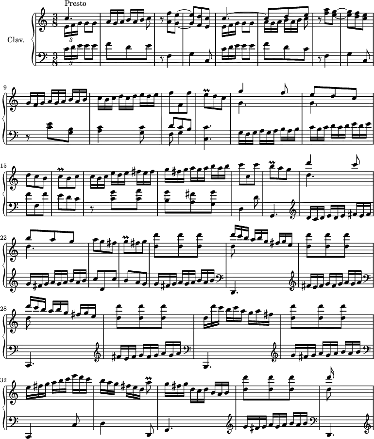 
\version "2.18.2"
\header {
  tagline = ##f
  % composer = "Domenico Scarlatti"
  % opus = "K. 423"
  % meter = "Presto"
}

%% les petites notes
trillEq       = { \tag #'print { e8\prall } \tag #'midi { \times 2/3 { f32 e f } e16 } }
trillCq       = { \tag #'print { c8\prall } \tag #'midi { \times 2/3 { d32 c d } c16 } }
trillBq       = { \tag #'print { b8\prall } \tag #'midi { \times 2/3 { c32 b c } b16 } }
trillGq       = { \tag #'print { g8\prall } \tag #'midi { \times 2/3 { a32 g a } g16 } }
trillAqUp     = { \tag #'print { a'8\prall } \tag #'midi { \times 2/3 { b32 a b } a16 } }

upper = \relative c'' {
  \clef treble 
  \key c \major
  \time 3/8
  \tempo 4. = 60
  \set Staff.midiInstrument = #"harpsichord"

      s8*0^\markup{Presto}
      << { c4. } \\ { \times 2/3 { e,16[ f g] } g8 g  } >> | \omit TupletNumber \times 2/3 { a16 g a b[ a b] } c8 |
      r8 < a f' >8 < g e' >~ | q < f d' > < e c' > | << { c'4.~ | c8 d e  } \\ { \omit TupletNumber \times 2/3 { e,16[ f g] } g8 g | \times 2/3 { a16 g a b[ a b] } c8 } >>
      % ms. 7
      r8 < f a >8 < e g >~ | q < d f > < c e > | \times 2/3 { g16[ f g]  a g a  b[a b] | c b c d[ c d] e d e } | f8 f, f' | \trillEq d8 c |
      % ms. 13
      << { g'4 f8 | e d c } \\ { g4. g } >> | d'8 c b | \trillCq b8 c | \times 2/3 { c16[ b c]  e d e  fis[ e fis] | g fis g a[ g a] b a b } |
      % ms. 19
      c8 c, c' | \trillBq a8 g | << { d'4 c8 | b a g } \\ { d4. d } >> | a'8 g fis | \trillGq fis8 g |
      % ms. 25
      < d d' >8 q q | \repeat unfold 2 { << { \omit TupletNumber \times 2/3 { d'16[ c b]  a b g  fis[ g e] } } \\ { d8 } >> | < d d' >8 q q }
      % ms. 30
      \times 2/3 { d16[ d' c]  b c a  g[ a fis] } | < d d' >8 q q | \times 2/3 { e16 fis g  a[ b c]  e d c | b a g fis[ e d] } \trillAqUp | \times 2/3 { g16 fis g  d[ c d]  b a b } |
      % ms. 35
      < d d' >8 q q | << { \omit TupletNumber \times 2/3 { d'16 s8 } } \\ { d,8 } >>

}

lower = \relative c' {
  \clef bass
  \key c \major
  \time 3/8
  \set Staff.midiInstrument = #"harpsichord"

    % ************************************** \appoggiatura a16  \repeat unfold 2 {  } \times 2/3 { }   \omit TupletNumber 
      \times 2/3 { c16[ d e] } e8 e | f d e | r8 f,4 | g c,8 | \omit TupletNumber  \times 2/3 { c'16[ d e] } e8 e | f d c |
      % ms. 7
      r8 f,4 | g c,8 | r8 < c' e >8 < b g > | < a c >4 < g c >8 | << { d'8 c b } \\ { f8 g4 } >> | < c, c' >4.
      % ms. 13
      \times 2/3 { g'16[ f g]  a g a  b[a b] | c b c d[ c d] e d e } | f8 f, f' | e d c | r8 < c g' >8 < c a' > | < b g' > < a fis' > < g g' >
      % ms. 19
      d4 d'8 | g,,4.   \clef treble  | \times 2/3 { d''16[ c d]  e d e  fis[ e fis] | g fis g a[ g a] b a b } | c8 d, c'  | b a g |
      % ms. 25
      \times 2/3 { g16 fis g a[ g a] b a b }   \clef bass |
      d,,,4.  \clef treble  |
      \times 2/3 { fis''16 e fis g[ fis g] a g a }   \clef bass |
      c,,,4. \clef treble  |
      \times 2/3 { fis''16 e fis g[ fis g] a g a }   \clef bass |
      % ms. 30
      b,,,4. \clef treble  |
      \times 2/3 { g'''16 fis g a[ g a] b a b } \clef bass |
      c,,,4 c'8 | d4 d,8 | g4.  \clef treble  | 
      % ms. 35
      \times 2/3 { g''16 fis g a[ g a] b a b } \clef bass |
      d,,,4.  \clef treble  |

}

thePianoStaff = \new PianoStaff <<
    \set PianoStaff.instrumentName = #"Clav."
    \new Staff = "upper" \upper
    \new Staff = "lower" \lower
  >>

\score {
  \keepWithTag #'print \thePianoStaff
  \layout {
      #(layout-set-staff-size 17)
    \context {
      \Score
     \override TupletBracket.bracket-visibility = ##f
     \override SpacingSpanner.common-shortest-duration = #(ly:make-moment 1/2)
      \remove "Metronome_mark_engraver"
    }
  }
}

\score {
  \keepWithTag #'midi \thePianoStaff
  \midi { }
}
