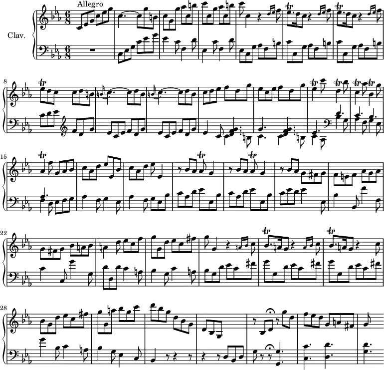 \version "2.18.2"
\header {
tagline = ##f
% composer = "Domenico Scarlatti"
% opus = "K. 129"
% meter = "Allegro"
}
%% les petites notes
trillEesqp = { \tag #'print { ees8.\trill } \tag #'midi { f32 ees f ees~ ees16 } }
trillEesq = { \tag #'print { ees8\trill } \tag #'midi { f32 ees f ees } }
trillEes = { \tag #'print { ees4\trill } \tag #'midi { f32 ees f ees~ ees8 } }
trillDDown = { \tag #'print { d,4\trill } \tag #'midi { ees32 d ees d~ d8 } }
trillCDown = { \tag #'print { c,4\trill } \tag #'midi { d32 c d c~ c8 } }
trillBesDown = { \tag #'print { bes,4\trill } \tag #'midi { c32 bes c bes~ bes8 } }
trillAesDown = { \tag #'print { aes,4\trill } \tag #'midi { bes32 aes bes aes~ aes8 } }
trillAesq = { \tag #'print { aes8\trill } \tag #'midi { bes32 aes bes aes } }
trillBesqp = { \tag #'print { bes8.\trill } \tag #'midi { c32 bes c bes~ bes16 } }
upper = \relative c'' {
\clef treble
\key c \minor
\time 6/8
\tempo 4. = 88
\set Staff.midiInstrument = #"harpsichord"
\override TupletBracket.bracket-visibility = ##f
s8*0^\markup{Allegro}
c,8 ees g c ees g | c,4.~ c8 g' b, | c g g' aes c, b' | c c, g' aes c, b' |
% ms. 5
c8 c,4 r4 \grace { \tempo 4. = 50 d16 ees } \tempo 4. = 88 f8 | \repeat unfold 2 { \trillEesqp d16 c8 r4 \grace { \tempo 4. = 50 d16 ees } \tempo 4. = 88 f8 } | \trillEesq d c c d b |
% ms. 9
\repeat unfold 2 { \appoggiatura b16 c4.~ c8 d b } | c8 d ees f d g | ees c ees f d g | \trillEes c'8 \trillDDown bes'8 |
% ms. 14
\trillCDown aes'8 \trillBesDown g'8 | \trillAesDown f'8 g,8 aes bes | c aes d ees ees, bes' | c aes d ees ees,4 | \repeat unfold 2 { r8 bes'8 aes \trillAesq g4 } |
% ms. 20
r8 bes8 aes << {} \\ { g8 fis g | f e f aes g aes | g fis g bes a bes | a4 } >> d8 | ees c f |
% ms. 24
g8 g, d' ees c fis | g8 g,4 \repeat unfold 2 { r4 \grace { \tempo 4. = 50 a16 bes } \tempo 4. = 88 c8 | \trillBesqp a16 g8 } r4 c8 |
% ms. 28
bes8 g d' ees c fis | g g, a' bes g c | d bes g d bes g | d bes g s4. | r8 bes \tempo 4. = 20 d8\fermata \tempo 4. = 88 r8 g' d |
% ms. 33
f8 ees d g, a fis | g8 s4
}
lower = \relative c' {
\clef bass
\key c \minor
\time 6/8
\set Staff.midiInstrument = #"harpsichord"
\override TupletBracket.bracket-visibility = ##f
% ************************************** \appoggiatura a16 \repeat unfold 2 { } \times 2/3 { } \omit TupletNumber
R2. | c,8 ees g c ees g | ees4 c8 f,4 d'8 | ees,4 c'8 f,4 d'8 |
% ms. 5
ees,8 c g' aes f b | \repeat unfold 2 { c c, g' aes f b } | c8 d ees \clef treble f d g |
% ms. 9
\repeat unfold 2 { ees8 c ees f d g } | ees4 c8 << { < d f g >4. | g4. < d f g > | ees } \\ { c4 b8 | c4. c4 b8 | c4 aes8 } >> \clef bass
% ms. 13 suite
<< { d4. | c bes | aes } \\ { bes4 g8 | aes4 f8 g4 ees8 | f4 d8 } >> ees8 f g | aes4 f8 g4 ees8 | aes4 f8 g ees bes' |
% ms. 18
\repeat unfold 2 { c aes d ees ees, bes' } | c8 ees d ees4 ees,8 | bes'4 bes,8 f''4 f,8 | c'4 c,8 g''4 g,8 | d'8 d, d' c4 a8 |
% ms. 24
bes4 g8 c4 a8 | bes g d' ees c fis | \repeat unfold 2 { g8 g, d' ees c fis } |
% ms. 28
g4 bes,8 c4 a8 | bes4 g8 ees4 c8 | bes4 r8 r4 r8 | r4 r8 d8 bes d | g r8 r8\fermata < g, g' >4.
% ms. 33
< c c' >4. < d d' > | < g d' >
}
thePianoStaff = \new PianoStaff <<
\set PianoStaff.instrumentName = #"Clav."
\new Staff = "upper" \upper
\new Staff = "lower" \lower
>>
\score {
\keepWithTag #'print \thePianoStaff
\layout {
#(layout-set-staff-size 17)
\context {
\Score
\override SpacingSpanner.common-shortest-duration = #(ly:make-moment 1/2)
\remove "Metronome_mark_engraver"
}
}
}
\score {
\keepWithTag #'midi \thePianoStaff
\midi { }
}