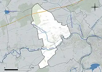 Carte en couleur présentant le réseau hydrographique de la commune