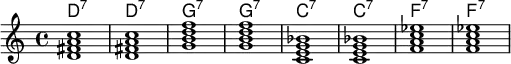 <<
    \new ChordNames \chordmode {
  d1:7 d:7 g:7 g:7 c:7 c:7 f:7 f:7 
  }
  \new Staff \relative c'{
<d fis a c> < d fis a c > <g b d f> <g b d f> <c, e g bes> <c e g bes> <f a c ees> <f a c ees> }

  >>
