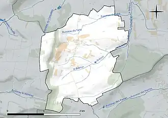 Carte en couleur présentant le réseau hydrographique de la commune