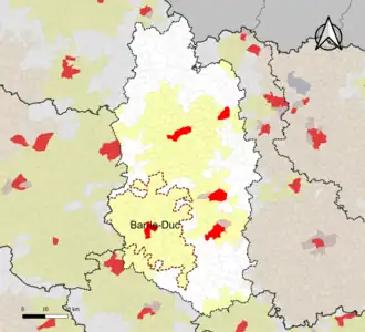 Localisation de l'aire d'attraction de Bar-le-Duc dans le département de la Meuse.