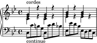 
\version "2.18.2"
\header {
  tagline = ##f
}
upper = \relative c' {
  \clef treble 
  \key bes \major
  \time 4/4
  \tempo ""
  \tempo 4 = 58
  %\override TupletBracket.bracket-visibility = ##f

   %% Scarlatti — Salve Regina [III] incipit
   << { < ees g >4-\markup{cordes} r4 q r4 < g bes > r4 q } \\ { c,4 r4 c r4 ees r4 ees r4 } >>

}

lower = \relative c { 
  \clef bass
  \key bes \major
  \time 4/4

   c8-\markup{continuo} c' b g c, c' d bes | ees, ees' d bes ees, d ees c 
}

\score {
  \new PianoStaff <<
    \new Staff = "upper" \upper
    \new Staff = "lower" \lower
  >>
  \layout {
    #(layout-set-staff-size 17)
    \context {
      \Score
       \override SpacingSpanner.common-shortest-duration = #(ly:make-moment 1/2)
    }
  }
  \midi { }
}
