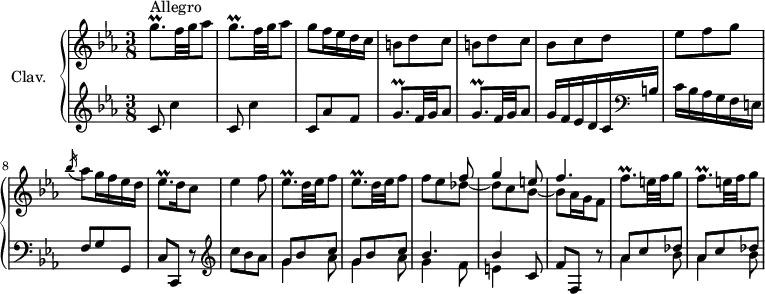 \version "2.18.2"
\header {
tagline = ##f
% composer = "Domenico Scarlatti"
% opus = "K. 303"
% meter = "Allegro"
}
%% les petites notes
trillGqpUp = { \tag #'print { g'8.\prall } \tag #'midi { a32 g a g~ g16 } }
trillGqp = { \tag #'print { g8.\prall } \tag #'midi { a32 g a g~ g16 } }
trillEesqp = { \tag #'print { ees8.\prall } \tag #'midi { f32 ees f ees~ ees16 } }
trillFqpUp = { \tag #'print { f'8.\prall } \tag #'midi { g32 f g f~ f16 } }
upper = \relative c'' {
\clef treble
\key c \minor
\time 3/8
\tempo 4. = 62
\set Staff.midiInstrument = #"harpsichord"
\override TupletBracket.bracket-visibility = ##f
s8*0^\markup{Allegro}
\repeat unfold 2 { \trillGqpUp f32 g aes8 } | g8 f16 ees d c | \repeat unfold 2 { b8 d c }
% ms. 6
bes8 c d | ees f g | \acciaccatura bes16 aes8 g16 f ees d | \trillEesqp d16 c8 | ees4 f8 | \repeat unfold 2 { \trillEesqp d32 ees f8 }
% ms. 13
<< { s4 f8 | g4 e8 | f4. } \\ { f8 ees des~ | des c bes~ | bes aes16 g f8 } >> | \repeat unfold 2 { \trillFqpUp e32 f g8 }
% ms. 18
% ms. x
}
lower = \relative c' {
\clef bass
\key c \minor
\time 3/8
\set Staff.midiInstrument = #"harpsichord"
\override TupletBracket.bracket-visibility = ##f
% **************************************
\clef treble \repeat unfold 2 { c8 c'4 } | c,8 aes' f | \repeat unfold 2 { \trillGqp f32 g aes8 } |
% ms. 6
g16 f ees d c \clef bass b | c bes aes g f e | f8 g g, | c c, r8 | \clef treble c'''8 bes aes | \repeat unfold 2 { << { g8 bes c } \\ { g4 aes8 } >> }
% ms. 12
<< { bes4. | bes4 c,8 } \\ { g'4 f8 | e4 } >> f8 f, r8 | \repeat unfold 2 { << { aes'8 c des } \\ { aes4 bes8 } >> }
% ms. 18
% ms. x
}
thePianoStaff = \new PianoStaff <<
\set PianoStaff.instrumentName = #"Clav."
\new Staff = "upper" \upper
\new Staff = "lower" \lower
>>
\score {
\keepWithTag #'print \thePianoStaff
\layout {
#(layout-set-staff-size 17)
\context {
\Score
\override SpacingSpanner.common-shortest-duration = #(ly:make-moment 1/2)
\remove "Metronome_mark_engraver"
}
}
}
\score {
\keepWithTag #'midi \thePianoStaff
\midi { }
}