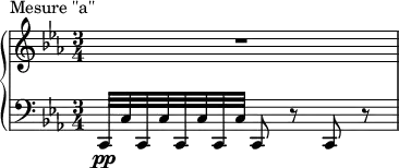 \new PianoStaff <<
\new Staff = "right" <<
\relative c''' {
\key ees \major
\time 3/4
R2.
}
>>
\new Staff = "left" {
\clef bass <<
\relative c, {
\key ees \major
\time 3/4
c32\pp c'32 c,32 c'32 c,32 c'32 c,32 c'32 c,8 r8 c8 r8
}
>>
}
>>
\header {
piece = "Mesure ''a''"
}