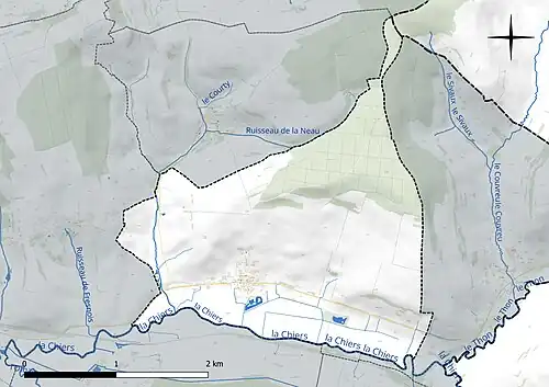 Carte en couleur présentant le réseau hydrographique de la commune