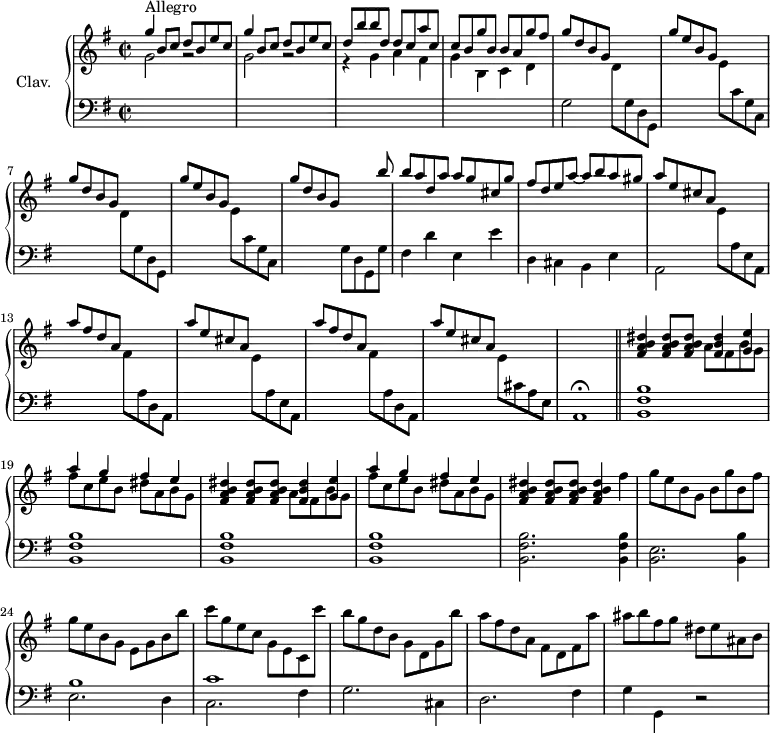 \version "2.18.2"
\header {
tagline = ##f
% composer = "Domenico Scarlatti"
% opus = "K. 337"
% meter = "Allegro"
}
%% les petites notes
%trillBesp = { \tag #'print { bes4.\prall } \tag #'midi { c32 bes c bes~ bes4 } }
upper = \relative c'' {
\clef treble
\key g \major
\time 2/2
\tempo 2 = 92
\set Staff.midiInstrument = #"harpsichord"
\override TupletBracket.bracket-visibility = ##f
s8*0^\markup{Allegro}
\stemUp \repeat unfold 2 { g'4 b,8 c d b e c } | d8 b' b d, d c a' c, | c b g' b, b a g' fis |
% ms. 5
\repeat unfold 2 { g8 d b g s2 | g'8 e b g s2 } |
% ms. 9
g'8 d b g s4 s8 b'8 | b a d, a' a g cis, g' | fis d e a~ a b a gis | \repeat unfold 2 { a e cis a s2 |
% ms. 13
a'8 fis d a s2 } | a'8 e cis a s2 | s1 |
% ms. 18
\stemNeutral \repeat unfold 2 { < fis a b dis >4 q8 q8 << { < fis b dis >4 < g e' > } \\ { a8 fis b g } >> | << { a'4 g fis e } \\ { fis8 c e b dis a b g } >> }
% ms. 22
< fis a b dis >4 q8 q8 q4 fis' | g8 e b g b g' b, fis' | g e b g e g b b' | c g e c g e c c'' |
% ms. 26
b8 g d b g d g b' | a fis d a fis d fis a' | ais b fis g dis e ais, b |
}
lower = \relative c' {
\clef bass
\key g \major
\time 2/2
\set Staff.midiInstrument = #"harpsichord"
\override TupletBracket.bracket-visibility = ##f
% ************************************** \appoggiatura a8 \repeat unfold 2 { } \times 2/3 { } \omit TupletNumber
\stemDown \change Staff = "upper" g'2 r2 | g2 r2 | r4 g4 a fis | g b, c d |
% ms. 5
\change Staff = "lower" g,2 \repeat unfold 2 { \stemDown \change Staff = "upper" d'8 \change Staff = "lower" g, d g, | s2 \stemDown \change Staff = "upper" e''8 \change Staff = "lower" c g c, s2 } |
% ms. 9
g'8 d g, g' | fis4 d' e, e' | d, cis b e | a,2 \repeat unfold 2 { \stemDown \change Staff = "upper" e''8 \change Staff = "lower" a, e a, |
% ms. 13
s2 \stemDown \change Staff = "upper" fis''8 \change Staff = "lower" a, d, a s2 } | \stemDown \change Staff = "upper" e''8 \change Staff = "lower" cis a e | a,1\fermata \bar "||"
% ms. 18
\repeat unfold 4 { < b fis' b >1 }
% ms. 22
< b fis' b >2. q4 | < e b >2. < b b' >4 | << { b'1 | c } \\ { e,2. d4 | c2. fis4 } >>
% ms. 26
g2. cis,4 | d2. fis4 | g4 g, r2 |
}
thePianoStaff = \new PianoStaff <<
\set PianoStaff.instrumentName = #"Clav."
\new Staff = "upper" \upper
\new Staff = "lower" \lower
>>
\score {
\keepWithTag #'print \thePianoStaff
\layout {
#(layout-set-staff-size 17)
\context {
\Score
\override SpacingSpanner.common-shortest-duration = #(ly:make-moment 1/2)
\remove "Metronome_mark_engraver"
}
}
}
\score {
\keepWithTag #'midi \thePianoStaff
\midi { }
}