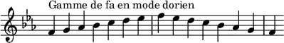 {
\override Score.TimeSignature #'stencil = ##f
\relative c' {
  \key f \dorian
  \clef treble \time 7/4
  f4^\markup { Gamme de fa en mode dorien } g aes bes c d es f es d c bes aes g f
} }
