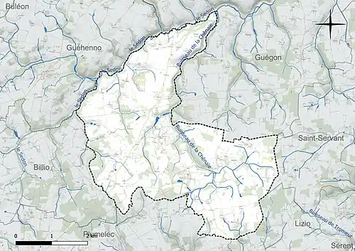 Carte en couleur présentant le réseau hydrographique de la commune