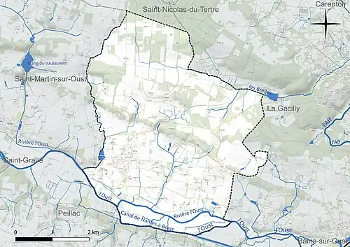Carte en couleur présentant le réseau hydrographique de la commune