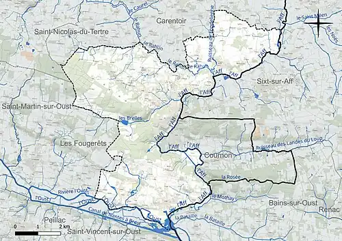 Carte en couleur présentant le réseau hydrographique de la commune