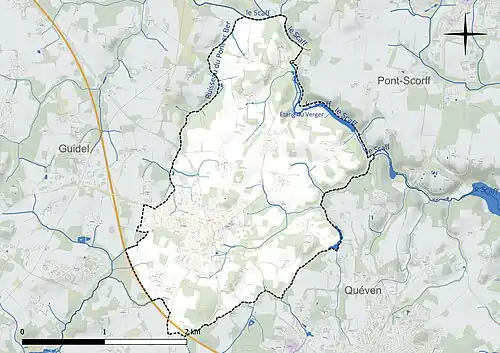 Carte en couleur présentant le réseau hydrographique de la commune