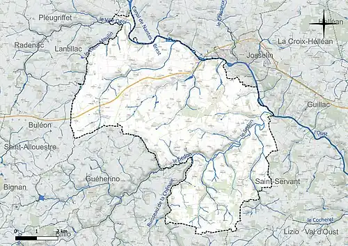 Carte en couleur présentant le réseau hydrographique de la commune
