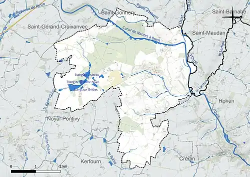 Carte en couleur présentant le réseau hydrographique de la commune